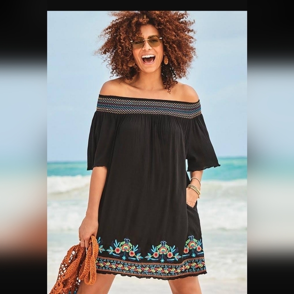 SWIMSUITS FOR ALL OFF THE SHOULDER EMBROIDERED FLORAL BEACH COVER UP W POCKET